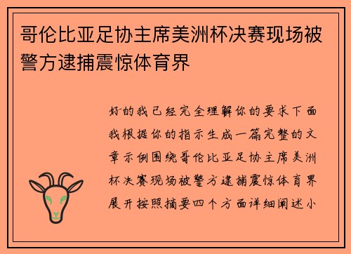 哥伦比亚足协主席美洲杯决赛现场被警方逮捕震惊体育界